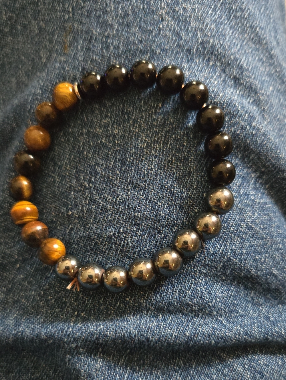 Men's Black and Brown Beaded Bracelet - Polished Stone and Hematite Beads
